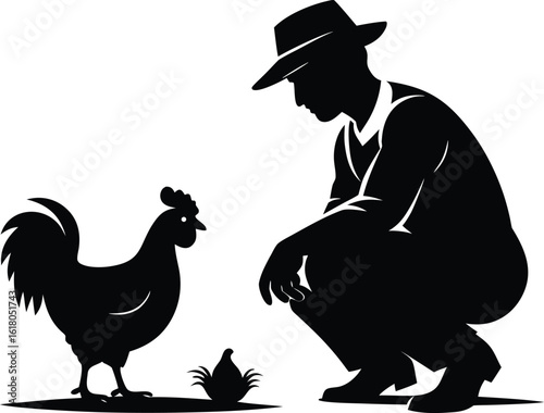 A collection of heartwarming illustrations depicting a chicken farmer tending to their flock, emphasizing rural life, animal care, and sustainable farming
