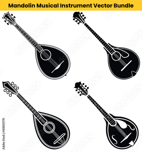 Mandolin Silhouette Musical Instrument Bundle Black and White Outlines