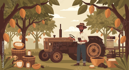 Cacao Plantation With Farmer Supervising Harvest On His Farm