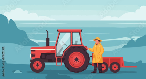 Cartoon Farmer With Tractor On Agricultural Landscape Background