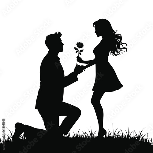 Man proposing with rose to woman silhouette couple vector