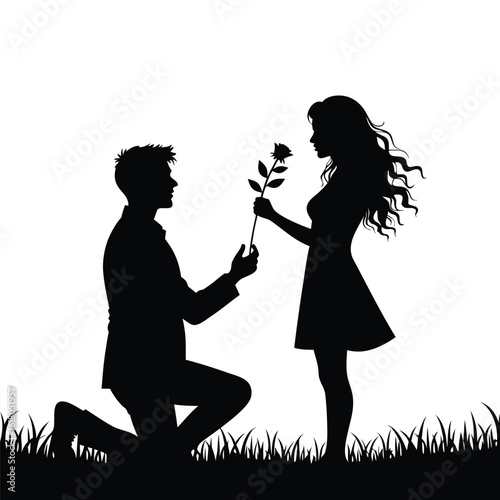 Man proposing with rose to woman silhouette couple