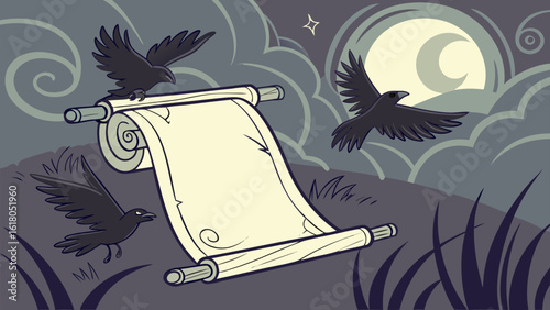 Crows flying around a scroll with moon and star in the background on a night time landscape scene