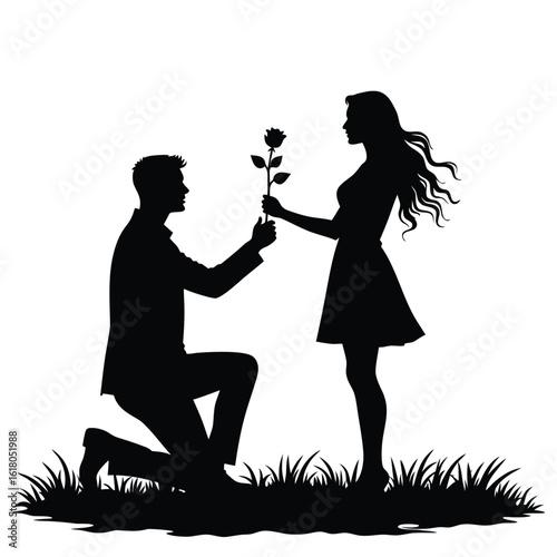 Man proposing with rose to woman silhouette couple