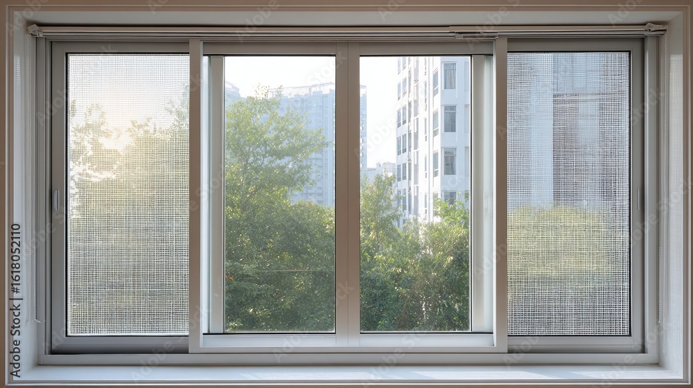 Obraz premium Modern window framing a serene view of trees and buildings, inviting soft natural light indoors.