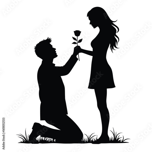 Man proposing with rose to woman silhouette proposal