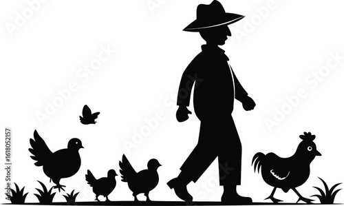 A collection of heartwarming illustrations depicting a chicken farmer tending to their flock, emphasizing rural life, animal care, and sustainable farming