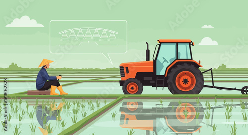 Asian Farmer Contemplating Technology Advances In Rice Field Landscape