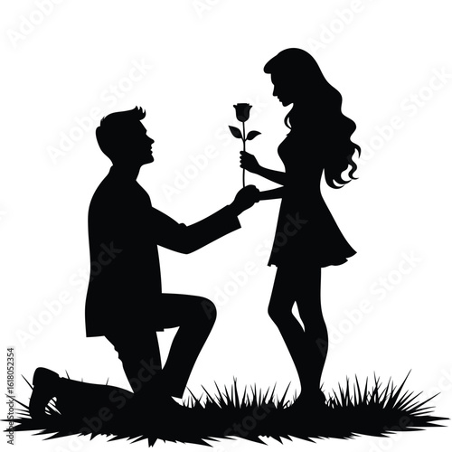 Man proposing woman with rose silhouette couple proposal