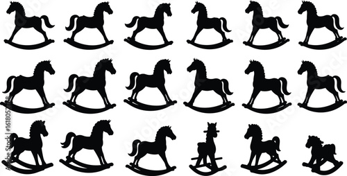 Black rocking horse silhouettes collection, vintage wooden toy clipart set, vector pony illustrations for children decor, nursery crafts design.
