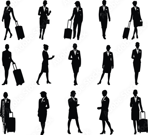 Professional female flight attendants silhouettes, airline staff uniform vector, women with luggage icons, aviation crew illustration, stewardess clipart collection