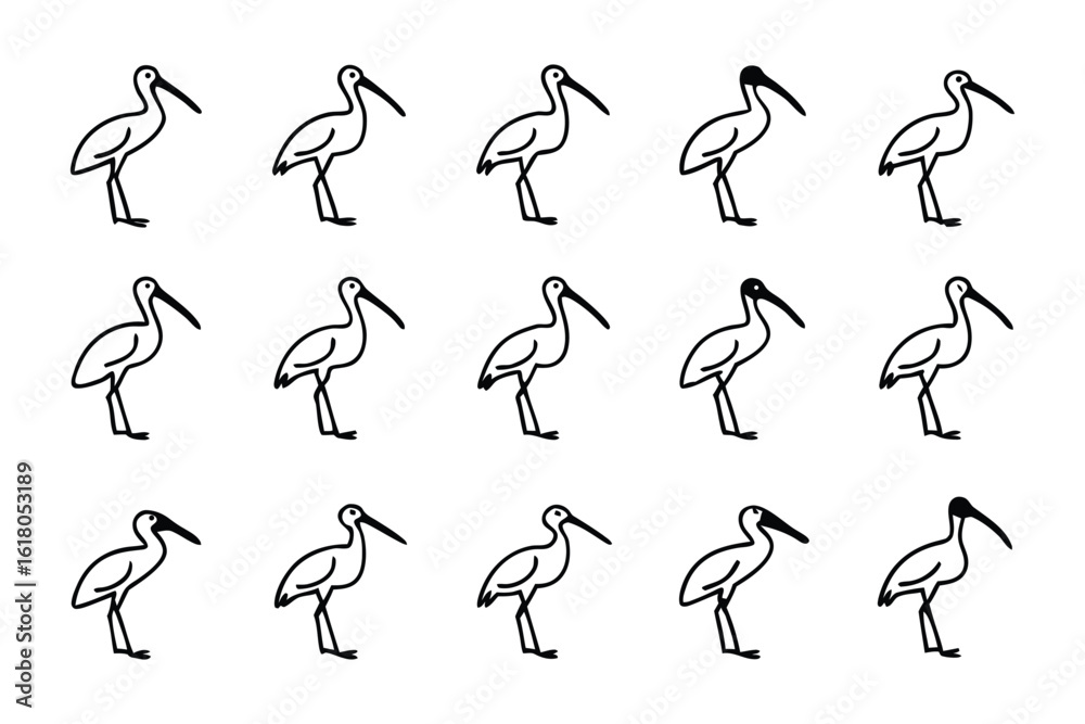 Fototapeta premium Elegant Ibis Lineup: A meticulously composed array of minimalist illustrations showcases graceful ibis birds, presented in an organized fashion to evoke a sense of unity and elegance.