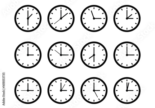 Twelve Simple Black Clock Icons Showing Different Times; Minimalist Time Management Concept; Clean, Modern Design; Vector Illustration.