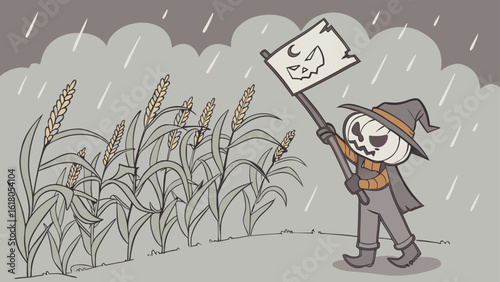 Pumpkin headed character holding a sign in a field of wheat during a rain storm with dark clouds above