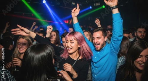 Dynamic Nightlife Scene: Capturing the lively essence of a vibrant dance club, where an energetic crowd revels in the intoxicating atmosphere with illuminated, radiant beams and pulsating beats.