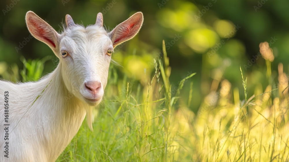 Fototapeta premium White goat standing in a lush green field, surrounded by tall grass and soft sunlight, showcasing its gentle expression and serene nature in a tranquil environment