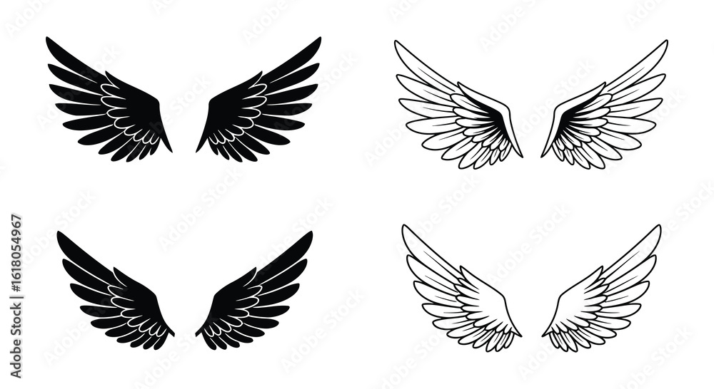 Fototapeta premium Set of Four Wing Illustrations in Black and White for Design Elements