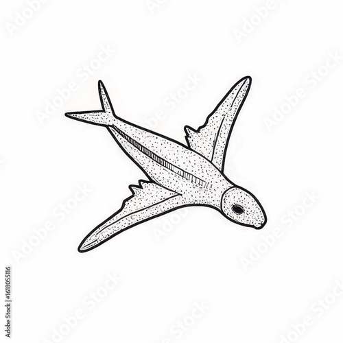Illustrated fish with wings swimming in a stylized ocean  