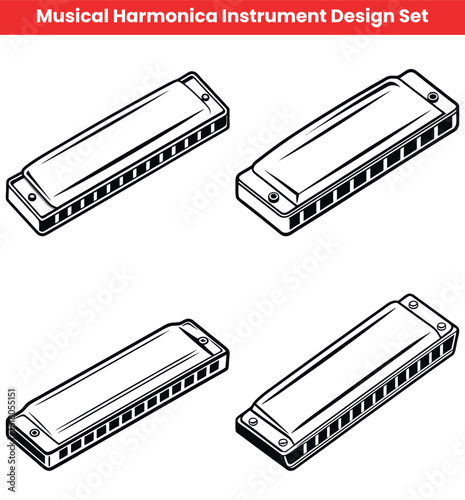 Harmonica musical instrument black outline vintage set for designers
