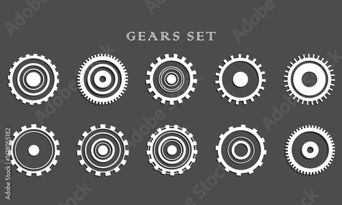 White mechanical gear cogs set collection vector illustration on gray