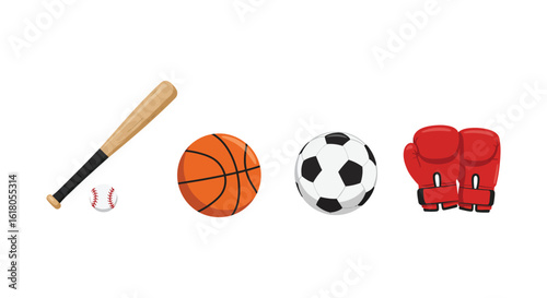 Sports Equipment Collection Featuring Baseball Basketball Soccer and Boxing Gear