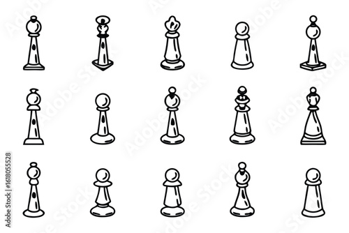 Chess Pieces Illustration: A collection of illustrated chess pieces in various designs. Emphasizing classic game elements. The pieces stand as icons of strategy. 