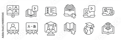 set of online education thin line icon. contain interactive online education, virtual learning, digital classroom, E-Courses, language lessons, global E-Learning symbol sign. vector illustration