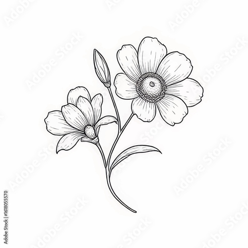 Hand-drawn flowers illustration with two blossoms and leaves  