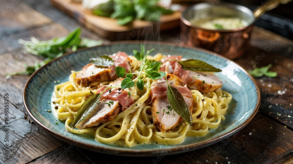 Chicken saltimbocca pasta with sliced prosciutto-wrapped chicken served on creamy fettuccine with fresh sage leaves on turquoise ceramic plate Chicken saltimbocca pasta with sliced prosciutto-wrapped chicken served on creamy fettuccine with fresh sage leaves on turquoise ceramic plate