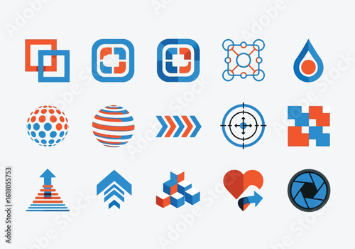 Collection of Modern Abstract Blue and Orange Logo Icons:  Geometric Shapes, Arrows, Global Concepts, and Target Symbols for Branding and Design Projects.