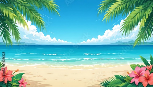 Pixel Art Tropical Beach Scene with Palm Trees, Hibiscus Flowers, and Blue Ocean