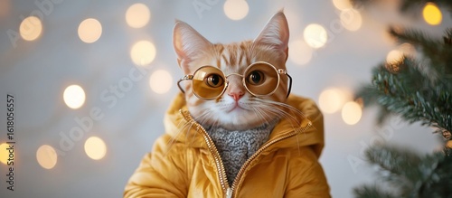 Dressed cat in glasses with jacket in front of lights and tree