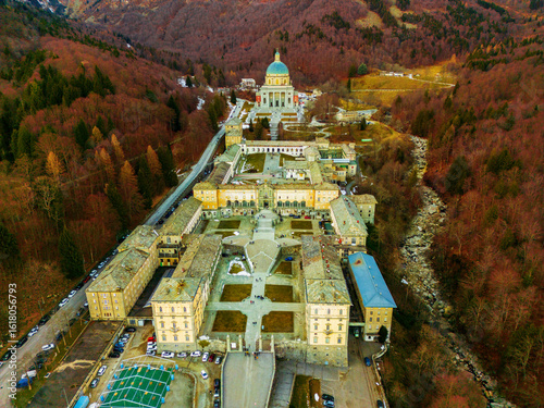 Fotografie Aerial drone view of the Oropa Sanctuary, Biella Province, Piedmont, Italy