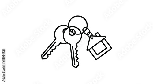 Simple Line Art Illustration of Keys with House Keychain on White Background
