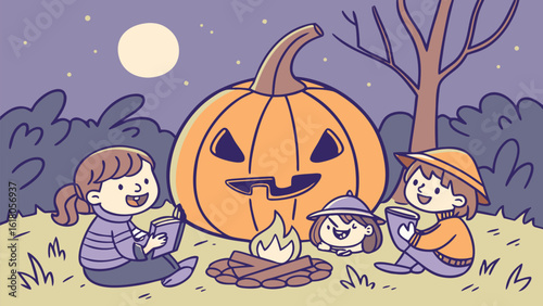 Children gathered around a campfire with a large pumpkin and moon in a halloween night scene outdoors
