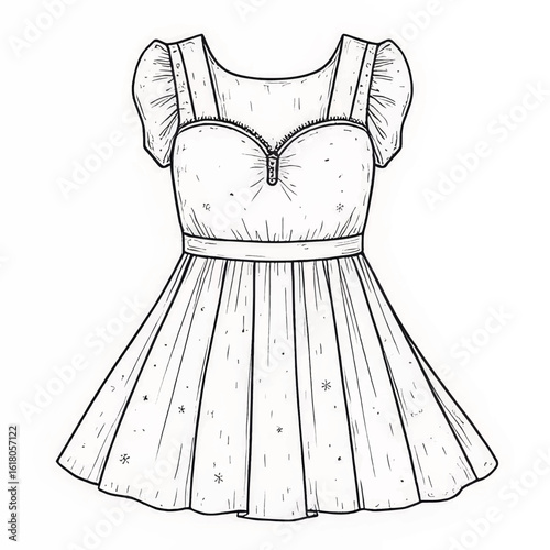 Illustrative sketch of a women's dress with puff sleeves and zipper  