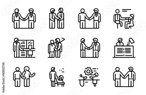Business Handshake and Negotiation Outline Icons Collection for Corporate Agreements and Partnerships in Modern Commerce