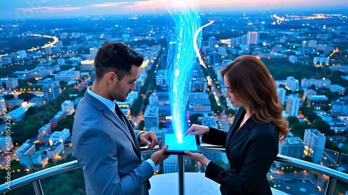 Business Professionals Engaged with Holographic Commerce Data in Vibrant Cityscape – Modern Digital Market Visualization
