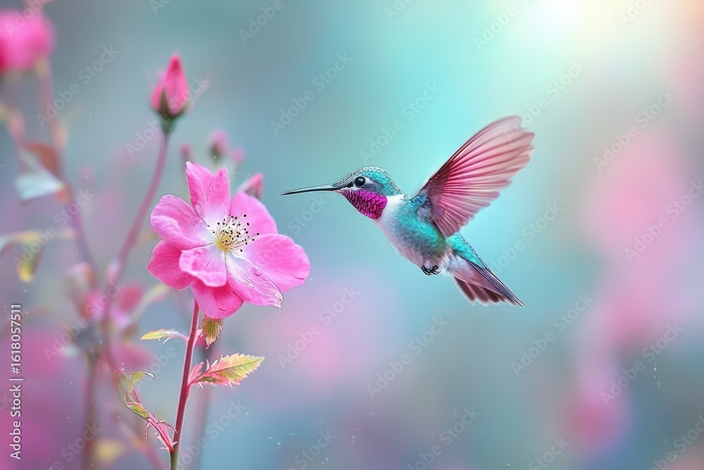 Fototapeta premium A hummingbird hovers near a pink flower, wings outstretched, in a soft-focus floral setting