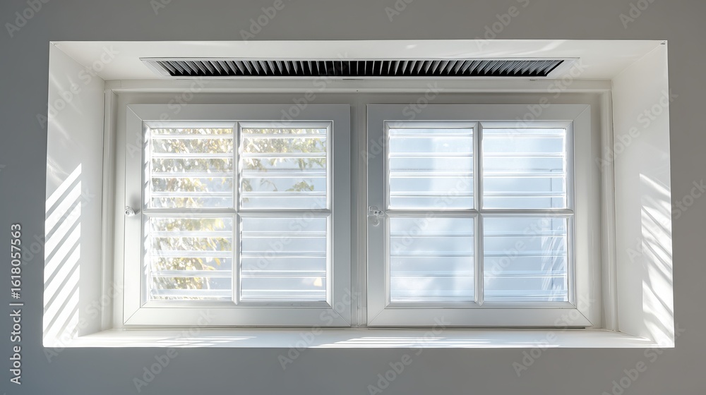 Fototapeta premium Bright and airy window with white shutters, casting subtle light patterns on the wall.