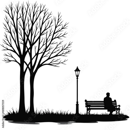Bare trees and solitary figure on park bench silhouette person
