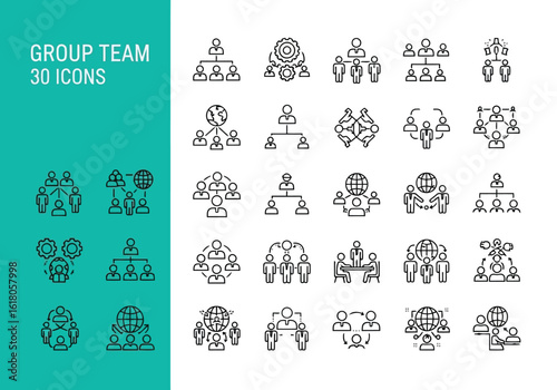 Thirty Professional Line Icons: Global Teamwork, Collaboration, and Organizational Charts.