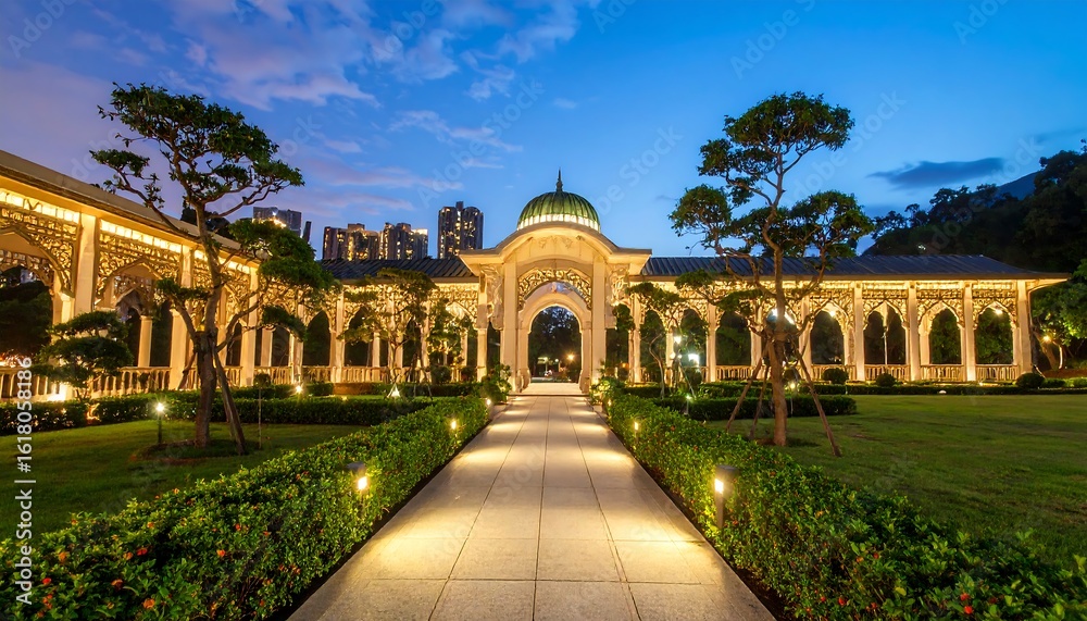 Obraz premium Majestic architecture and landscape converge in harmonious park at twilight