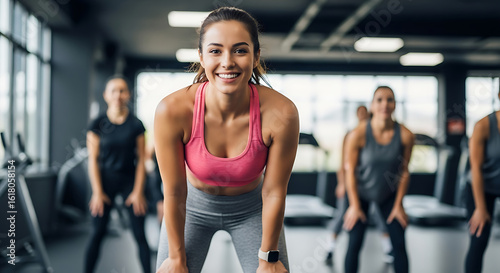 Fit woman smiling in gym with friends exercising fitness workout