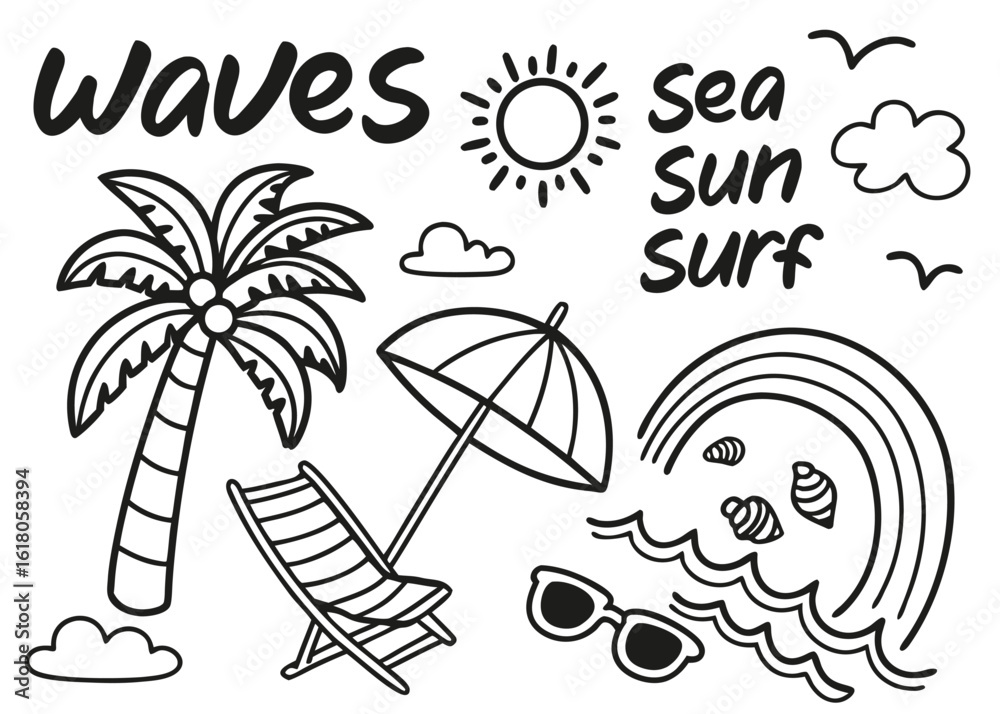 Naklejka premium A Comprehensive Collection of Hand-Drawn and Silhouette Beach & Surf Themed Doodles, Icons, and Summer Elements in Black and White