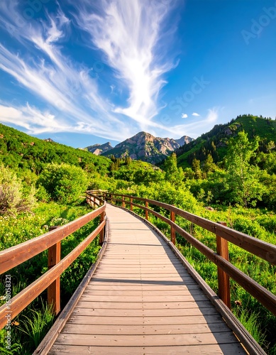 Wallpaper Mural Scenic wooden walkway through lush greenery, mountains in the background Torontodigital.ca