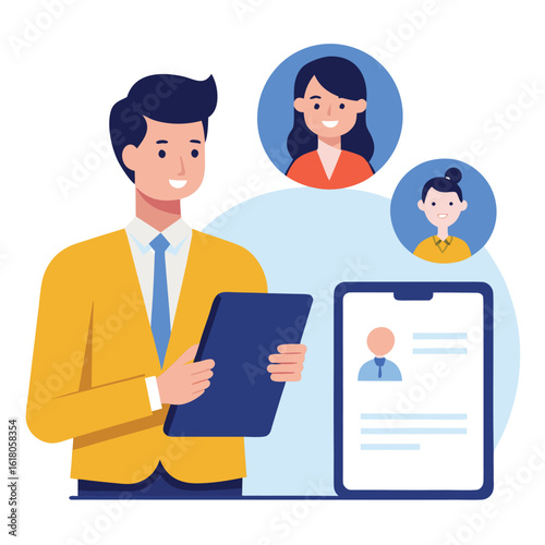 Business manager holding a tablet and evaluating job candidates' digital resumes