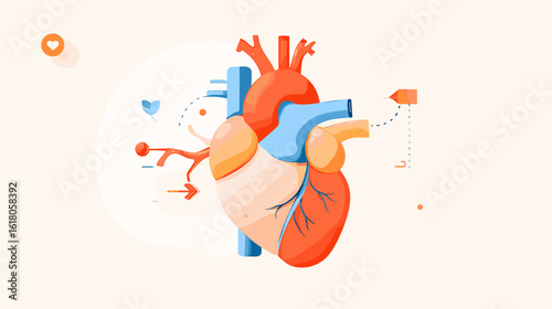 Colorful illustration of a human heart with anatomical details  