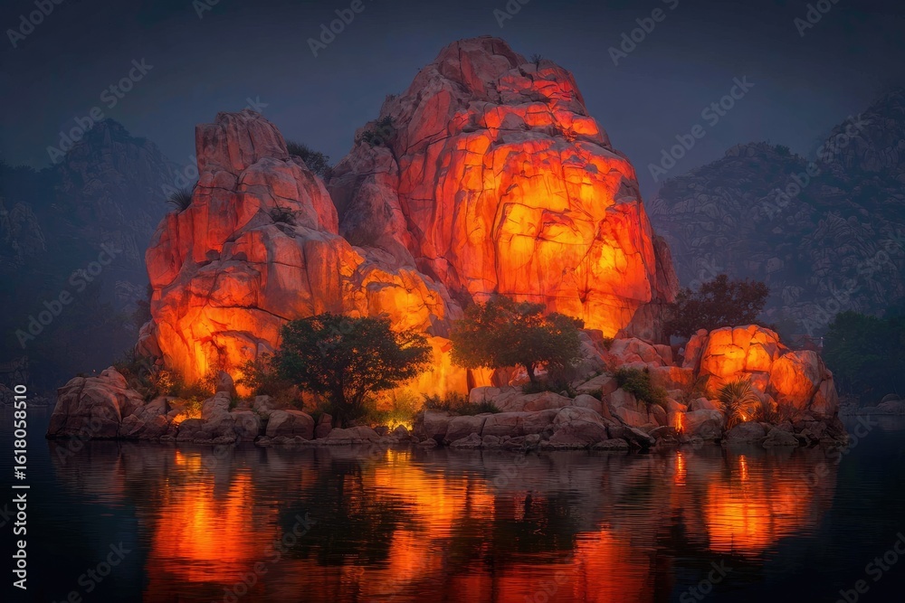 Fototapeta premium Illuminated rocky island at twilight
