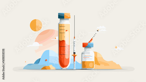 Medical syringe and test tube with vaccine and blood sample on abstract background  